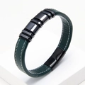 Detailed macro view of dark green braided leather bracelet with black magnetic clasp - Green Leather with Gunmetal Ring (Green-3)
