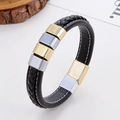 Pulsera de cuero negro trenzado para hombre con dijes de metal bicolor y cierre magnético - Deslizador Bicolor Oro y Plata (Estilo-1)