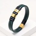 Detail of dark green woven leather bracelet with white stitching and metallic beads - Dark Green Leather Ring with Gold Gunmetal Finish (Green-5)