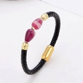 Detail of woven black leather bracelet with golden magnetic clasp and striped stone beads - Pink and Purple Striped Agate Style (Style-5)