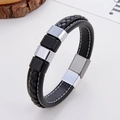 Pulsera clásica de cuero trenzado negro para hombre con cierre magnético y cuentas - Deslizador Bicolor Plata y Negro (Estilo-2)