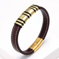 Macro detail of brown braided leather bracelet with golden metallic accents and magnetic clasp - Brown Genuine Leather Gold Ring (Brown-1)