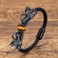 Macro detail of braided leather bracelet with twin dragon heads and tiger eye stone - Yellow Tiger Eye Stone Gunmetal Dragon Head (Style-8)