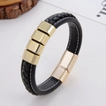 Détail d'un bracelet en cuir noir tressé avec curseurs dorés et boucle magnétique - Curseur Entièrement Doré (Style-5)