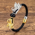 Men's leather braided bracelet with gold and silver dragon heads and black stone bead - Two-Tone Dragon Head with Black Round Beads (Style-10)