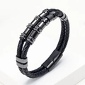 Herren Armband aus zweilagigem geflochtenem Leder mit schwarzem Magnetverschluss aus Stahl - Schwarzes Leder Mit Gun-Schwarz Schließe (Stil-3)