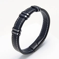Clásica pulsera de cuero negro trenzado con costuras blancas y cierre magnético de acero inox - Negro Estilo 5