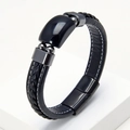 Men's woven leather bracelet with polished black stone and magnetic steel clasp - Polished Black Artificial Pearl Style (Style-1)