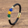 Geflochtenes Lederarmband mit bunten Achatperlen und goldenem Edelstahlverschluss - Blau Gelb Grün Perlen Schwarzes Seil (Style-3)
