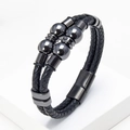 Men's double-layered braided black leather bracelet with magnetic steel clasp and beads - Black Magnetic Clasp Style
