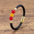 Detail of woven black leather bracelet with red and orange beads and gold magnetic clasp - Red Yellow Beads Black Rope (Style-5)