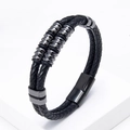 Pulsera de cuero trenzado de doble capa para hombre con anillos de metal y cierre magnético - Bronce de Cañón (Estilo-1)