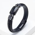 Detail view of woven black leather bracelet with rectangular blue tiger eye stone inlay - Blue Tiger Eye Style (Style-4)