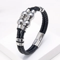Men's double-layered woven black leather bracelet with silver metal beads and magnetic clasp - Silver Magnetic Clasp Style