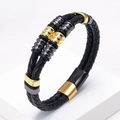 Detalle de pulsera de cuero trenzado negro de doble capa con anillos de metal dorados y grises - Dorado y Bronce de Cañón (Estilo-3)