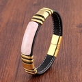 Bracelet vintage en cuir pour homme avec pierre naturelle rose et fermoir doré - Pierre Rose - Cuir Noir (Or-3)