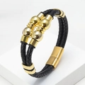 Men's double-layered braided black leather bracelet with gold polished metal beads - Gold Magnetic Clasp Style