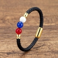 Detail view of black braided leather bracelet with gold magnetic clasp and colored beads - White Blue Red Beads Black Rope (Style-8)