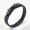 Mens woven leather bracelet with PiXiu charm and magnetic clasp in retro black finish - Gunmetal