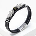 Men's black braided leather bracelet with silver Pi Xiu charms and magnetic clasp - Silver