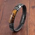 Detail von Tigerauge-Stein auf schwarzem Lederarmband mit Magnetverschluss für Herren - Schwarzes Leder Schwarzverschluss Tigerauge Stil (Stil-4)