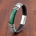 Détail du bracelet en cuir pour homme avec pierre verte et fermoir en acier inoxydable - Pierre Verte - Cuir Noir (Argent-4)