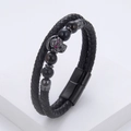 Detail of double-layer braided leather bracelet with skull charm and tiger eye beads - Black Skull Tiger Eye (Black-1)