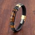 Herren Lederarmband geflochten mit Tigerauge Stein und Edelstahl Magnetverschluss - Schwarzes Leder Mix Tigerauge Stil (Stil-1)