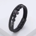 Macro detail of men's double-layer braided leather bracelet with skull charm and magnetic clasp - Black Skull Black Bead (Black-3)