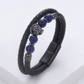Detail of a braided leather skull bracelet with purple stones and a magnetic metal clasp - Black Skull Lapis Bead (Black-4)