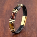 Detail of men's black leather bracelet featuring three-color tiger eye stones and gold clasp - Black Leather Mixed Tiger Eye Gold Clasp (Style-3)