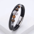 Men's double-layer braided leather bracelet with silver skull charm and tiger eye stones - Silver Skull Tiger Eye (White-2)