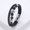Detail of skull leather bracelet with black lava stones and magnetic steel clasp - Silver Skull Lava Stone (White-3)