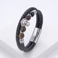 Detail of braided leather bracelet with silver skull head and natural tiger eye beads - Silver Skull Black Bead (White-5)