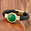 Dettaglio pietra tonda verde su bracciale in pelle intrecciata con chiusura magnetica - Oro-Stile Occhio di Gatto Verde (5008462987961)