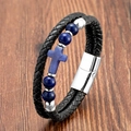 Doppellagiges schwarzes Lederarmband mit blauen Steinperlen und Kreuzanhänger - Blaue Lapislazuli Perlen Mit Blauem Steinkreuz