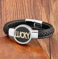 Detailed close-up of lucky letter leather bracelet with magnetic buckle on wood table - LUCKY Letter Style (Style-5)