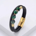 Detail of double-layer woven black leather bracelet with green stone beads and magnetic clasp - Gold (Green Faceted Stone)