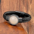 Bracciale in pelle intrecciata nera con pietra beige rotonda e zirconi incastonati - Nero-Stile Pietra Crema (5008462987965)