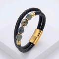 Detail of men's braided leather bracelet featuring natural stone beads and gold magnetic clasp - Gold (Blue-Green Textured Stone)
