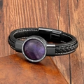Bracciale da uomo in pelle nera intrecciata con pietra viola e chiusura magnetica - Nero-Stile Ametista (5008462987966)
