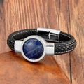 Geflochtenes Lederarmband für Herren mit blauem Stein und weißen Kontrastnähten - Lapislazuli-Stil