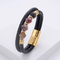 Detail of men's braided leather bracelet with natural stone beads and gold magnetic clasp - Gold (Mixed Color Ore)