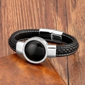 Herren Lederarmband geflochten mit schwarzem Stein und Zirkonia auf Holzgrundlage - Schwarzer Onyx Stil