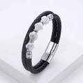 Braided black leather bracelet with marble stone beads and polished magnetic metal clasp - Silver (White Turquoise Pattern)