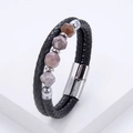 Detail of double-layer braided leather bracelet with natural stone beads and magnetic clasp - Silver (Faceted Stone Beads)