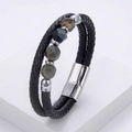 Close-up of double-layer braided leather bracelet with natural stones and magnetic clasp - Silver (Colorful Faceted Stone)