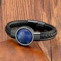 Dettaglio di lapislazzuli blu e zirconi su bracciale in pelle nera stile punk - Nero-Stile Lapislazzuli (5008462987972)