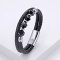 Close-up of woven leather bracelet with black geometric beads and silver metal clasp - Silver (Black Geometric Stone)