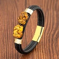 Bracelet ethnique en cuir tressé pour homme avec pierres œil de tigre et fermoir doré - Style Œil de Tigre à Boucle Dorée (Gold-1)